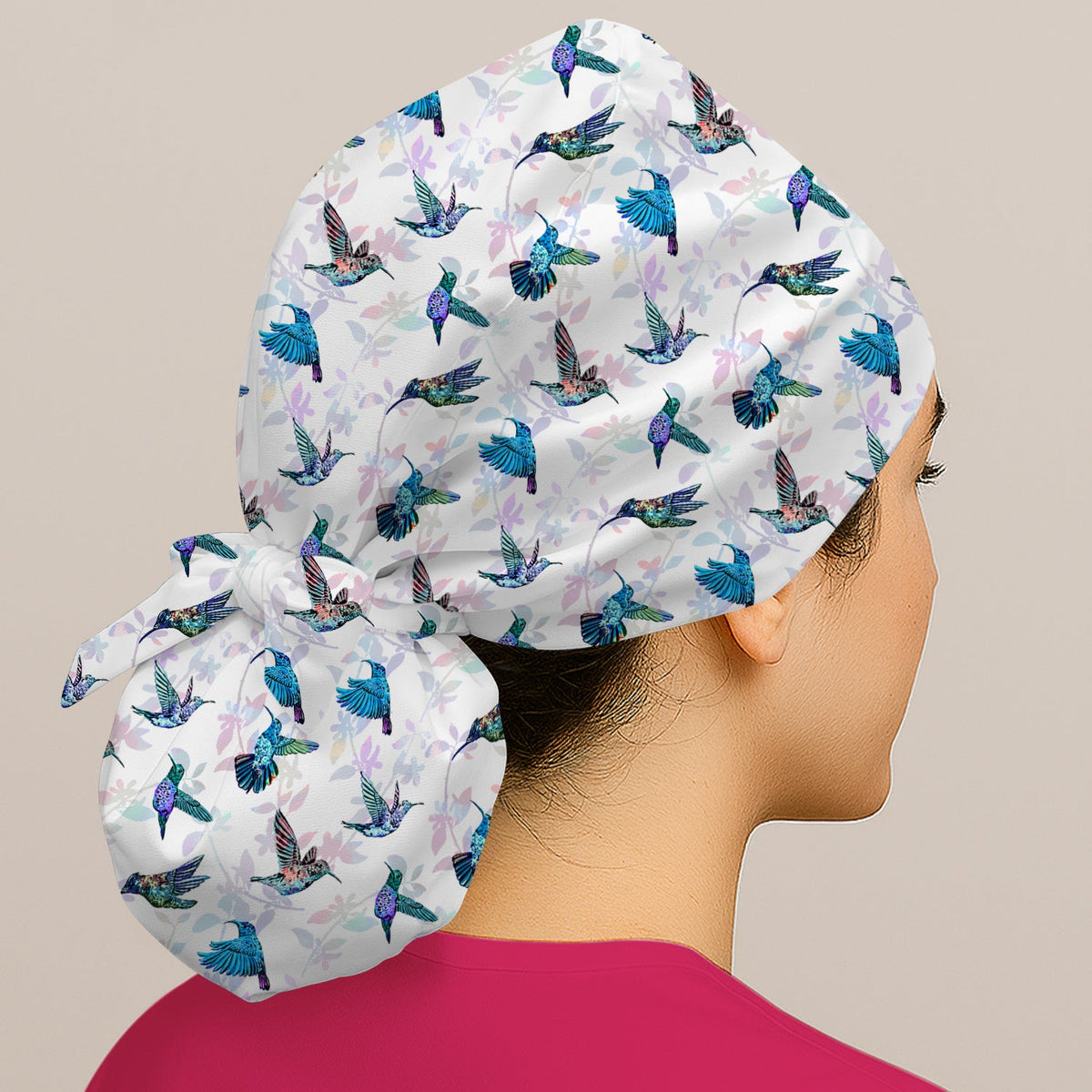 Cute Hummingbird Floral Scrub Cap - Colorful Flying Birds & Floral Design - Gift for RN LPN CNA