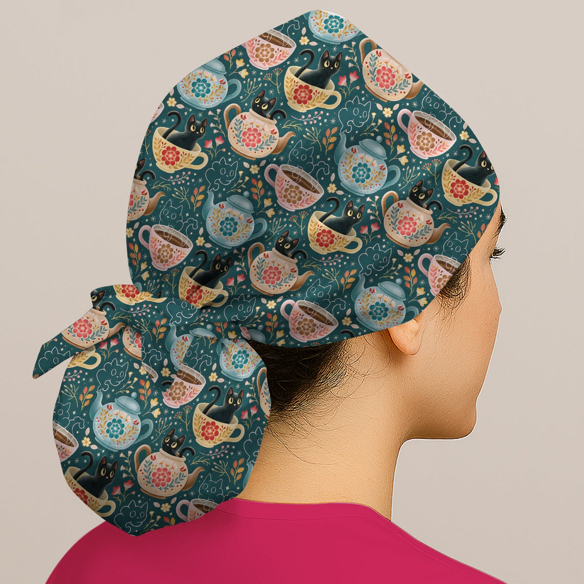 Black Cat Tea Party Veterinary Scrub Cap