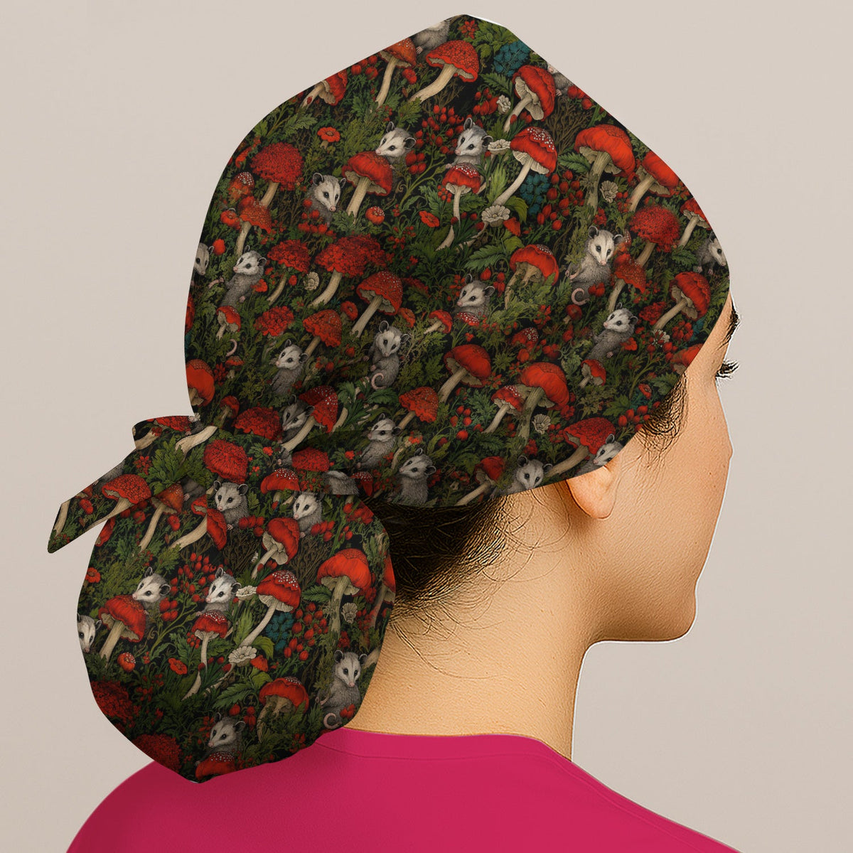 Woodland Opossum Red Mushroom Scrub Cap