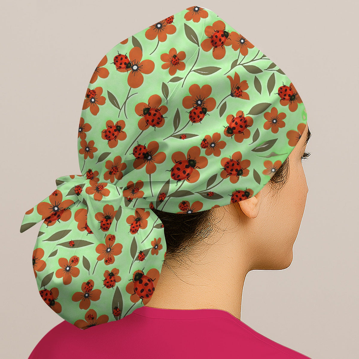 Ladybug Orange Floral Garden Scrub Cap