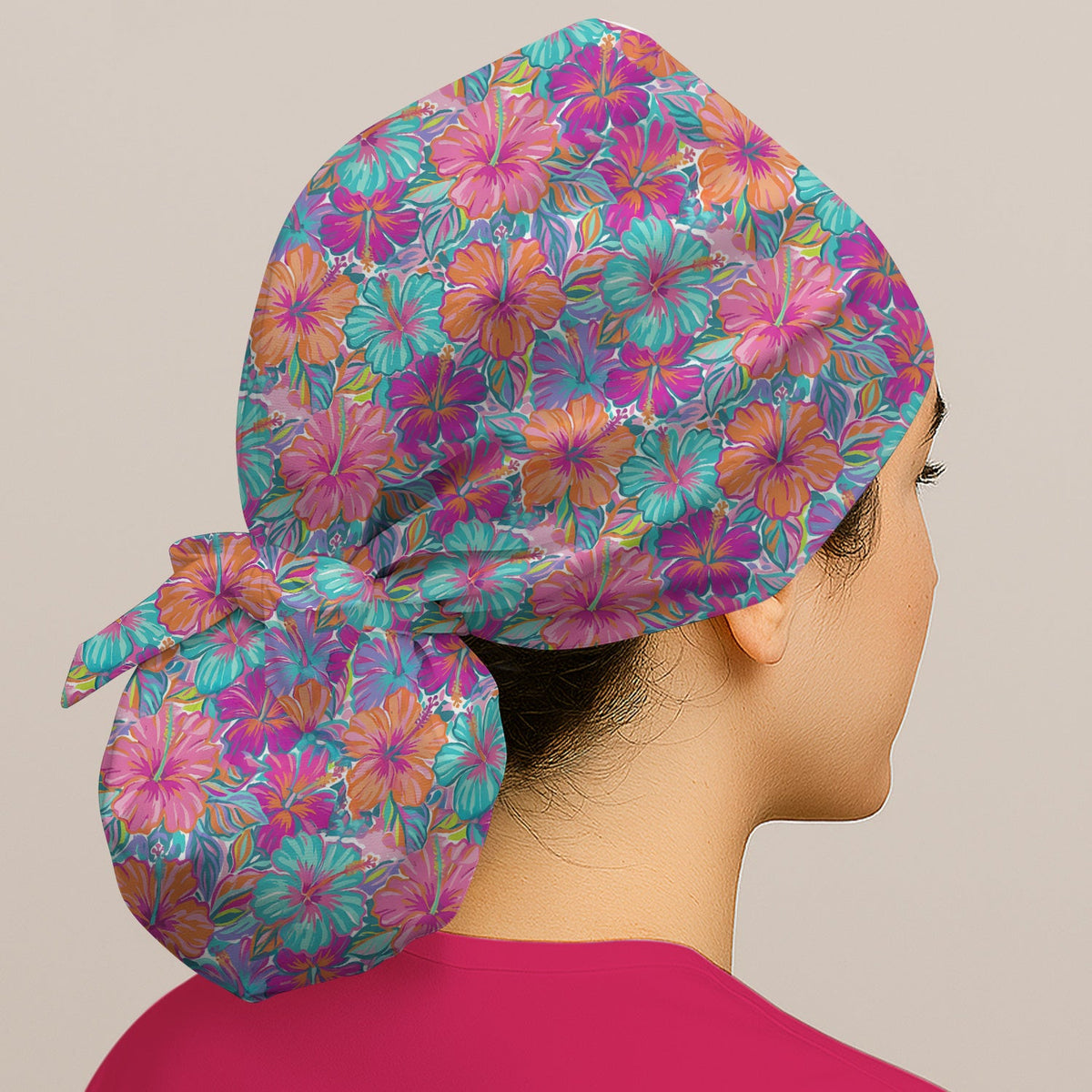 Vibrant Hibiscus Tropical Floral Scrub Cap