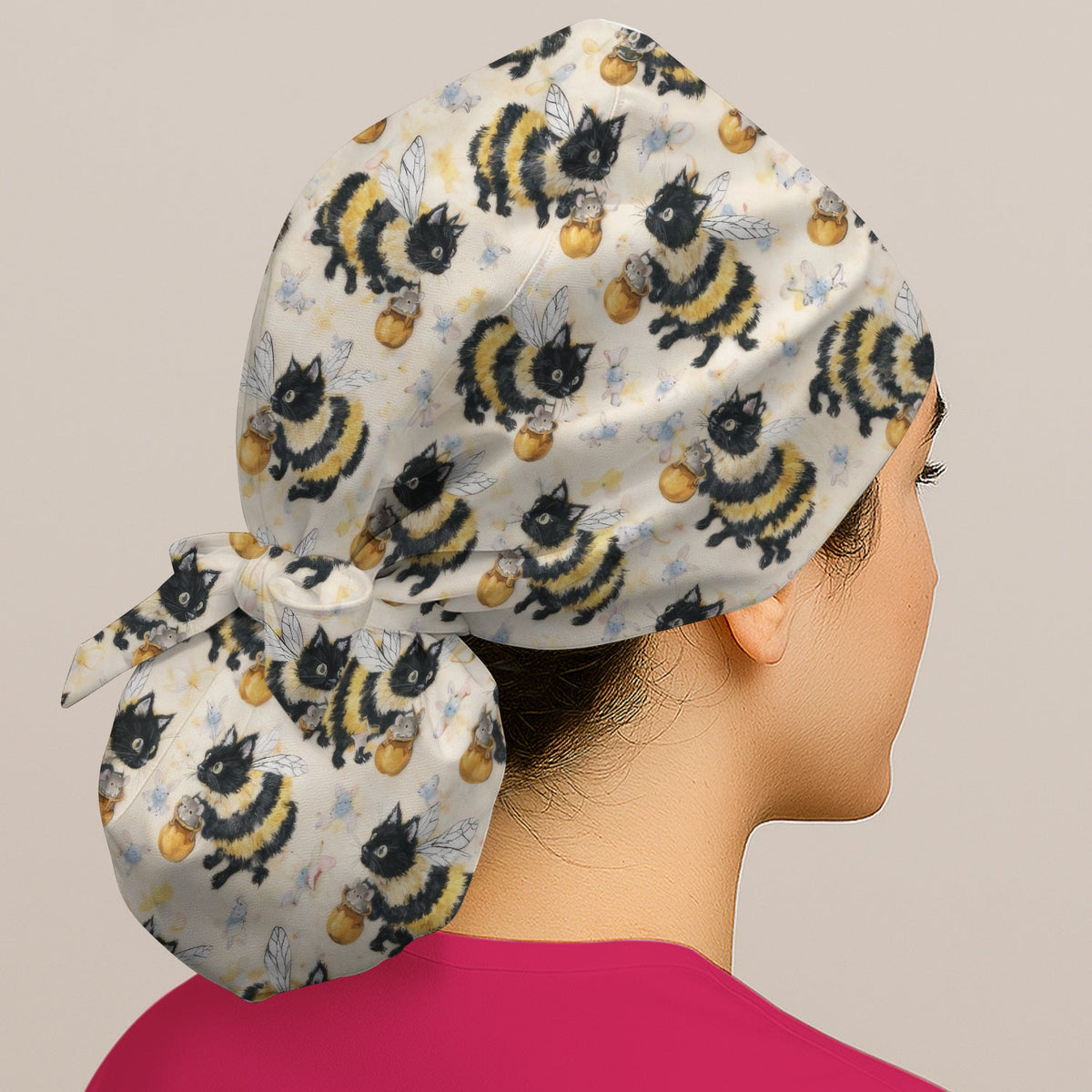 Adorable Bumblebee Cat Honey Jar Scrub Cap