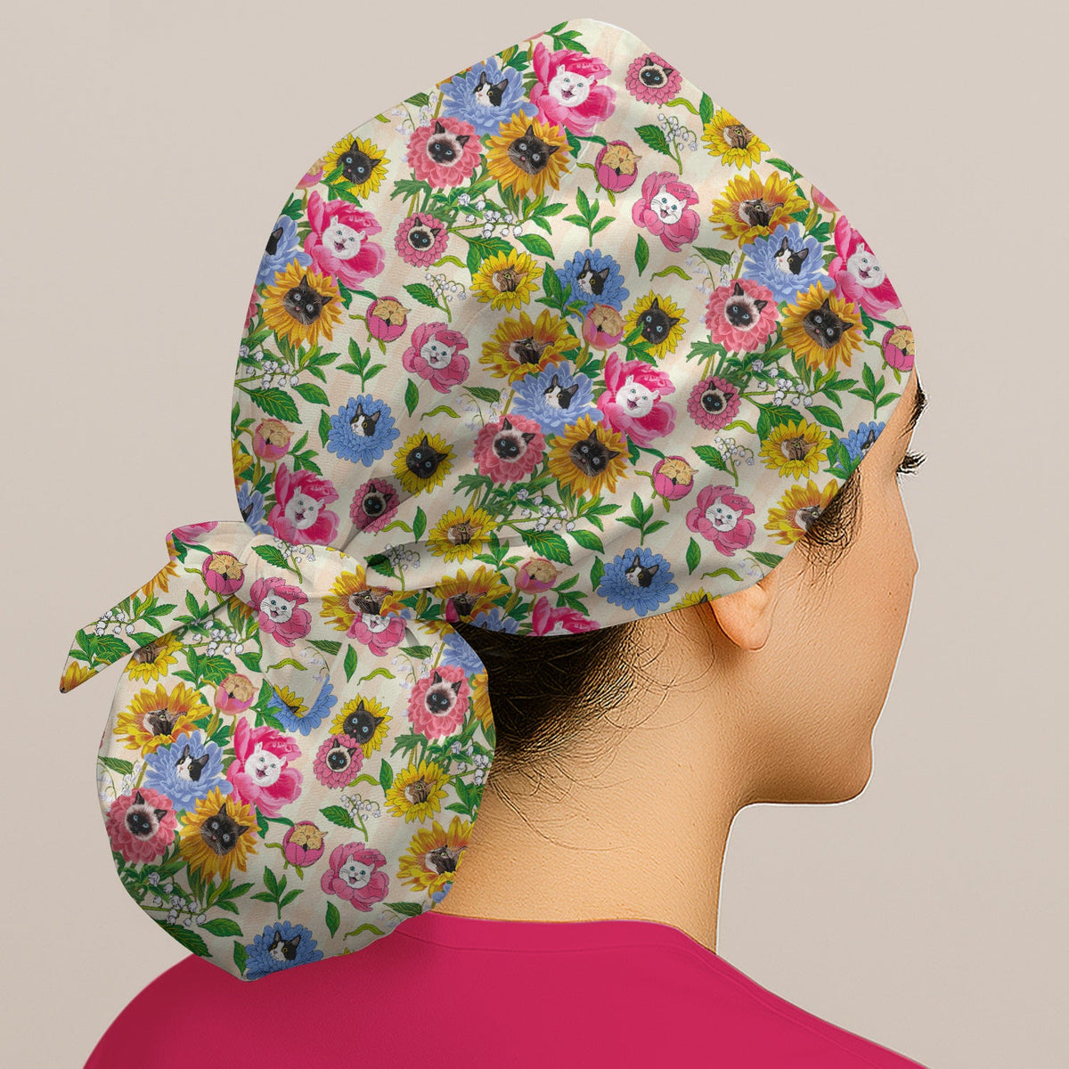 Cat Face Flower Garden Scrub Cap