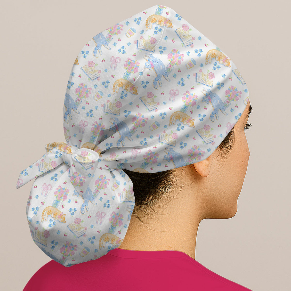 Cats Reading Floral Books Scrub Cap