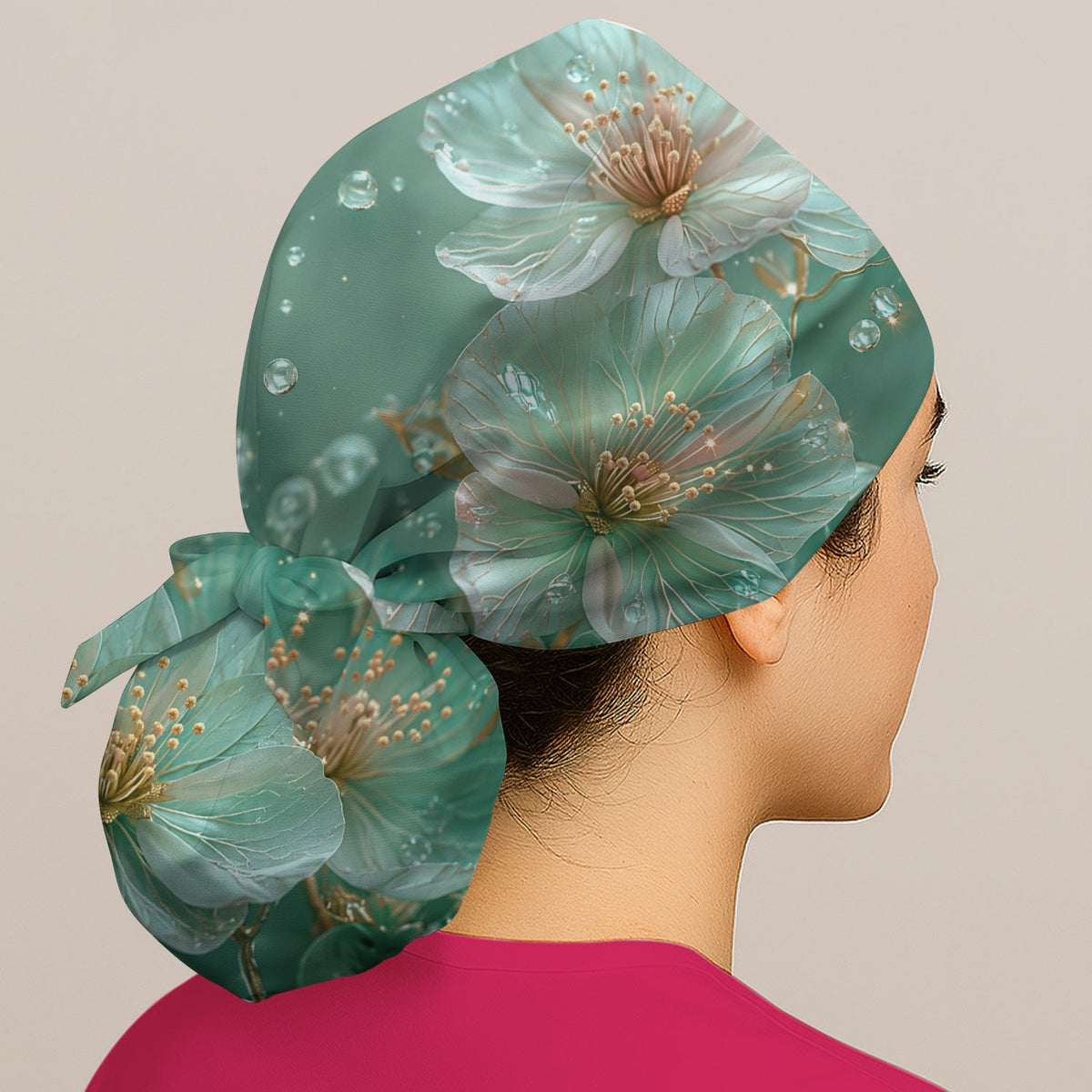 Elegant Mint Blossom Dewdrop Scrub Cap