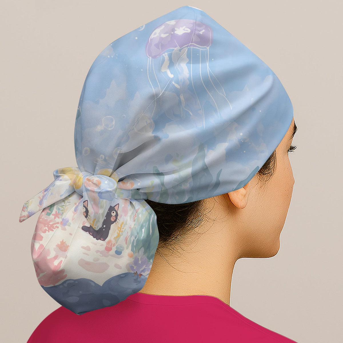 Underwater Black Cat Jellyfish Scrub Cap