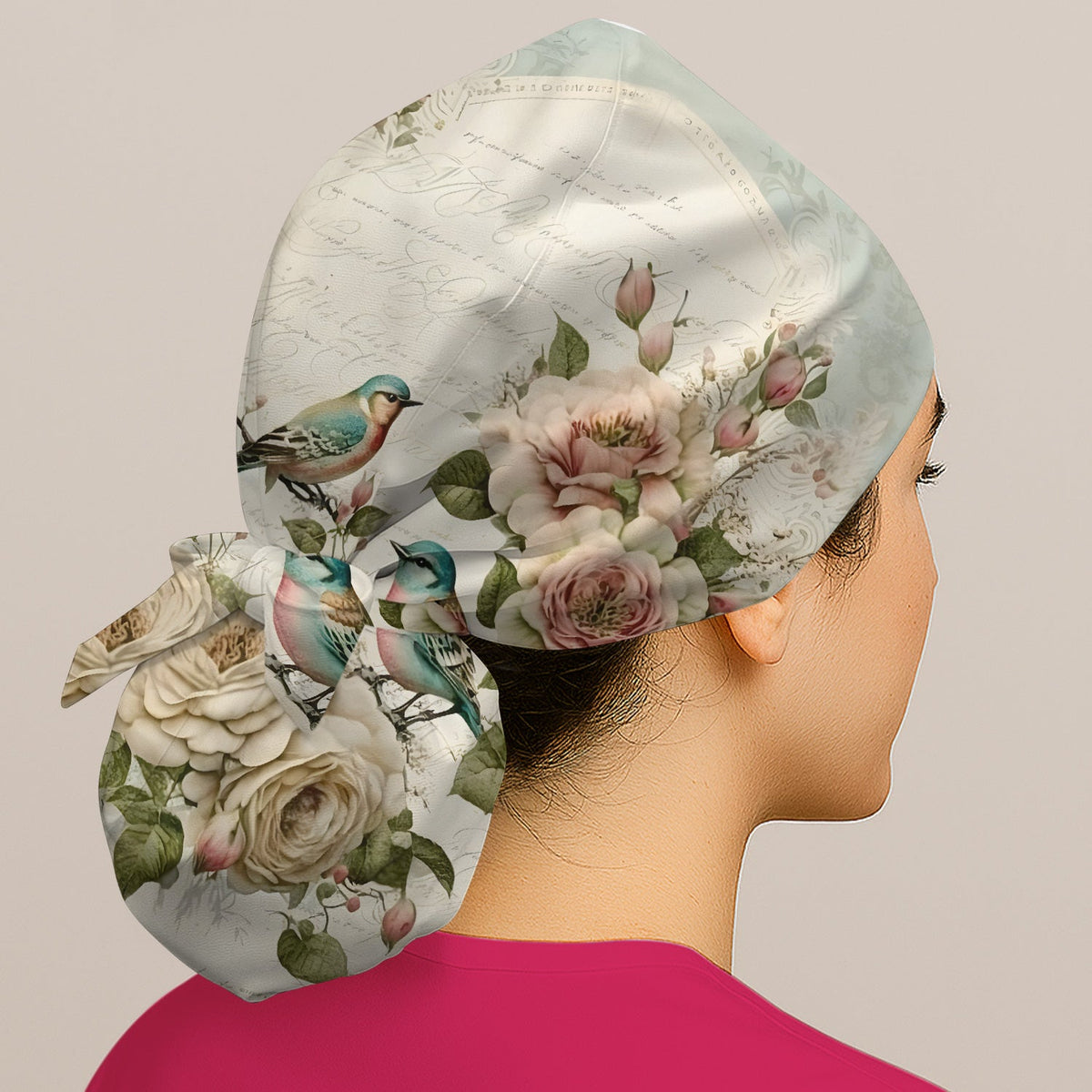 Vintage Birds Rose Scrub Cap
