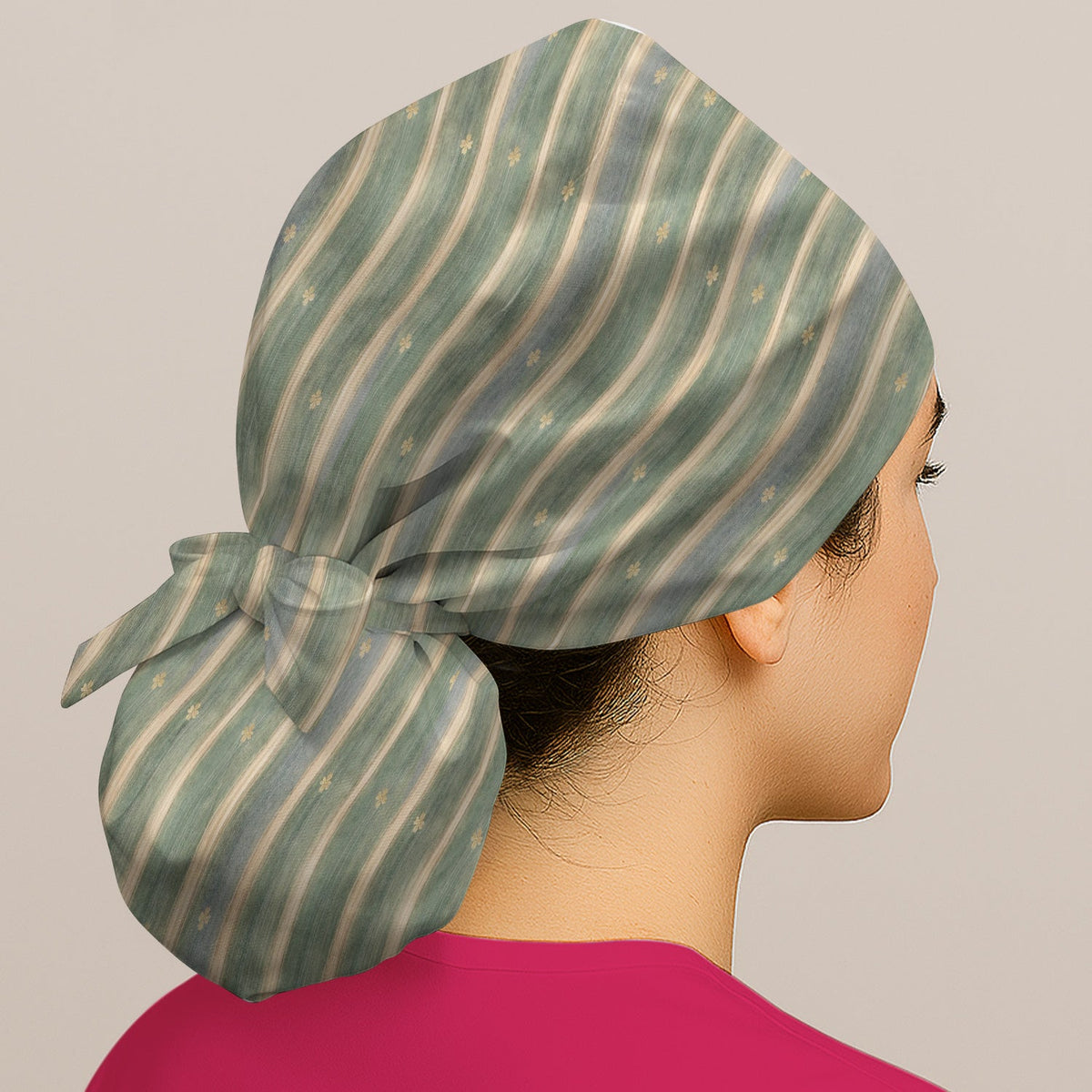 Nurse Green Vertical Stripe Floral Scrub Cap