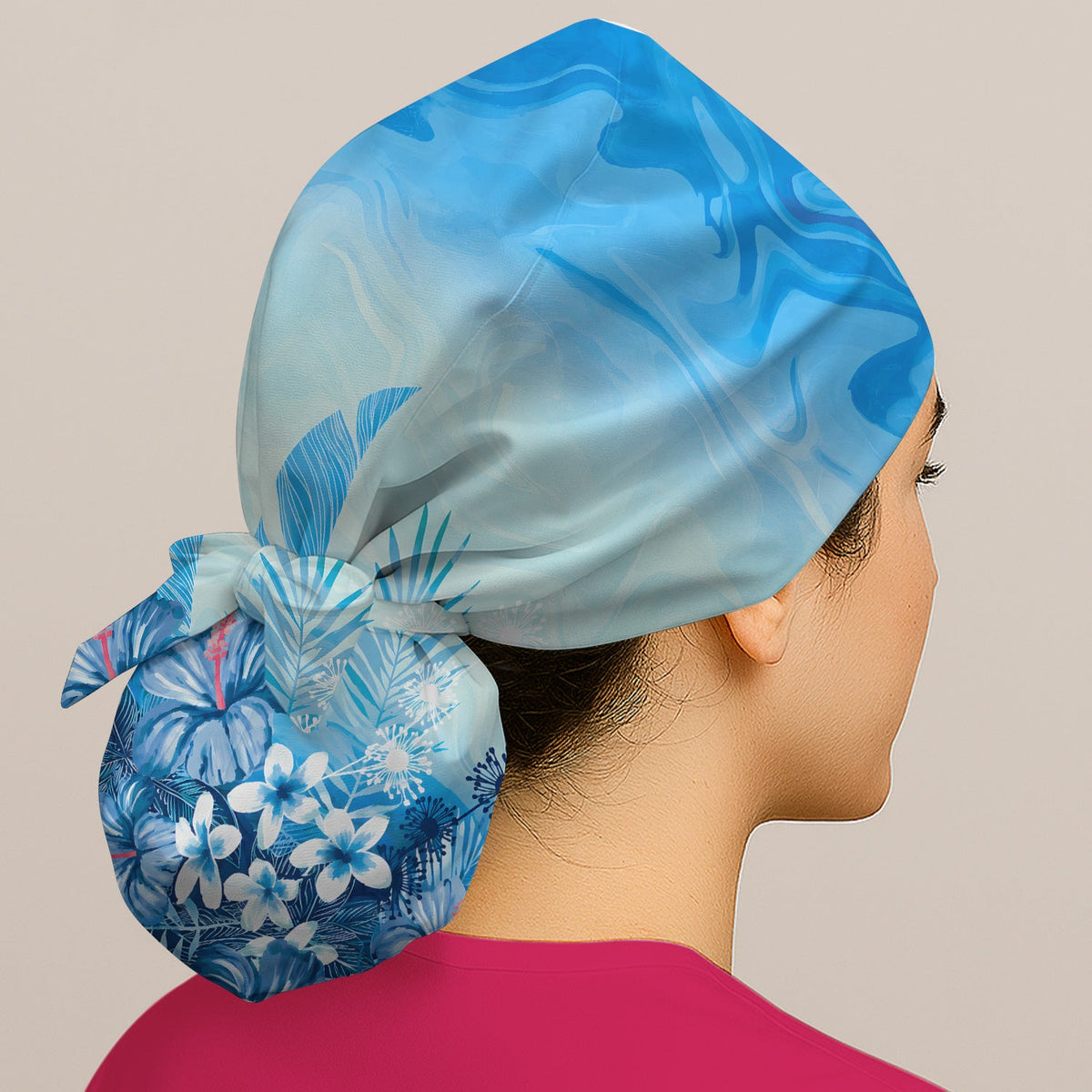 Elegant Blue Tropical Floral Scrub Cap