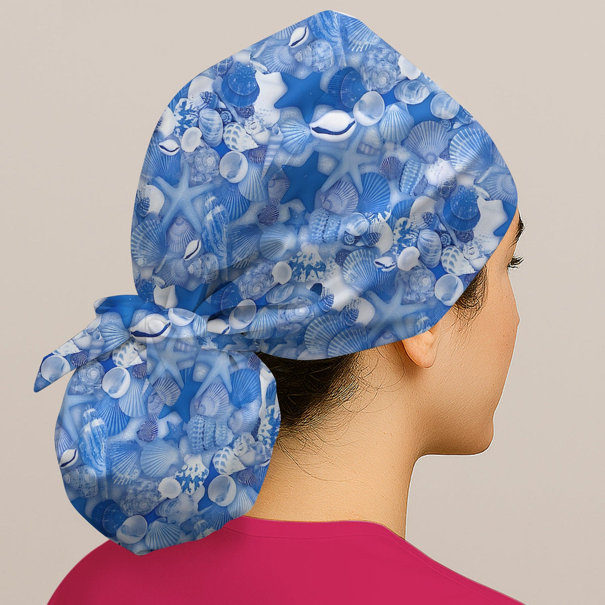 Blue Seashell Starfish Ocean Scrub Cap