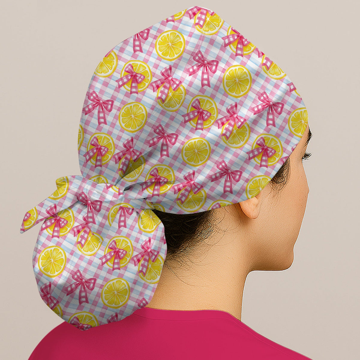 Lemon Slice Pink Bow Gingham Scrub Cap