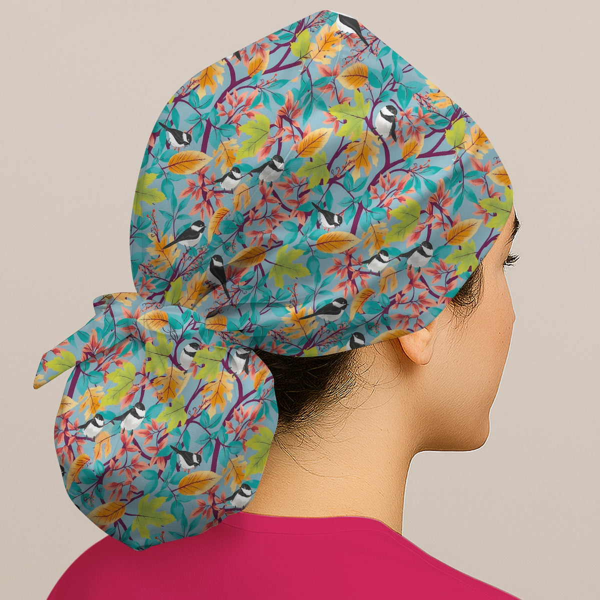 Autumn Leaf Chickadee Bird Scrub Cap