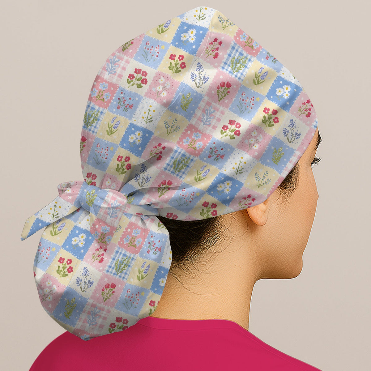 Pastel Patchwork Wildflower Garden Nurse Scrub Cap