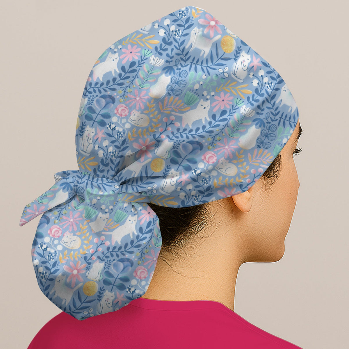 Whimsical Cat Floral Scrub Cap