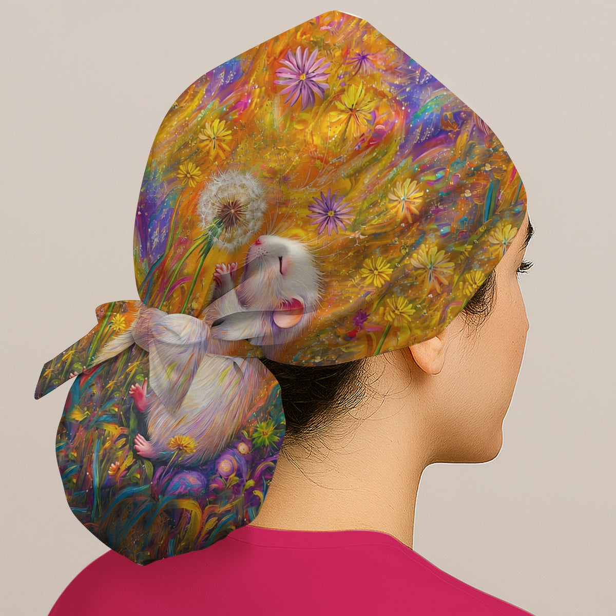 Whimsical Mouse Dandelion Scrub Cap