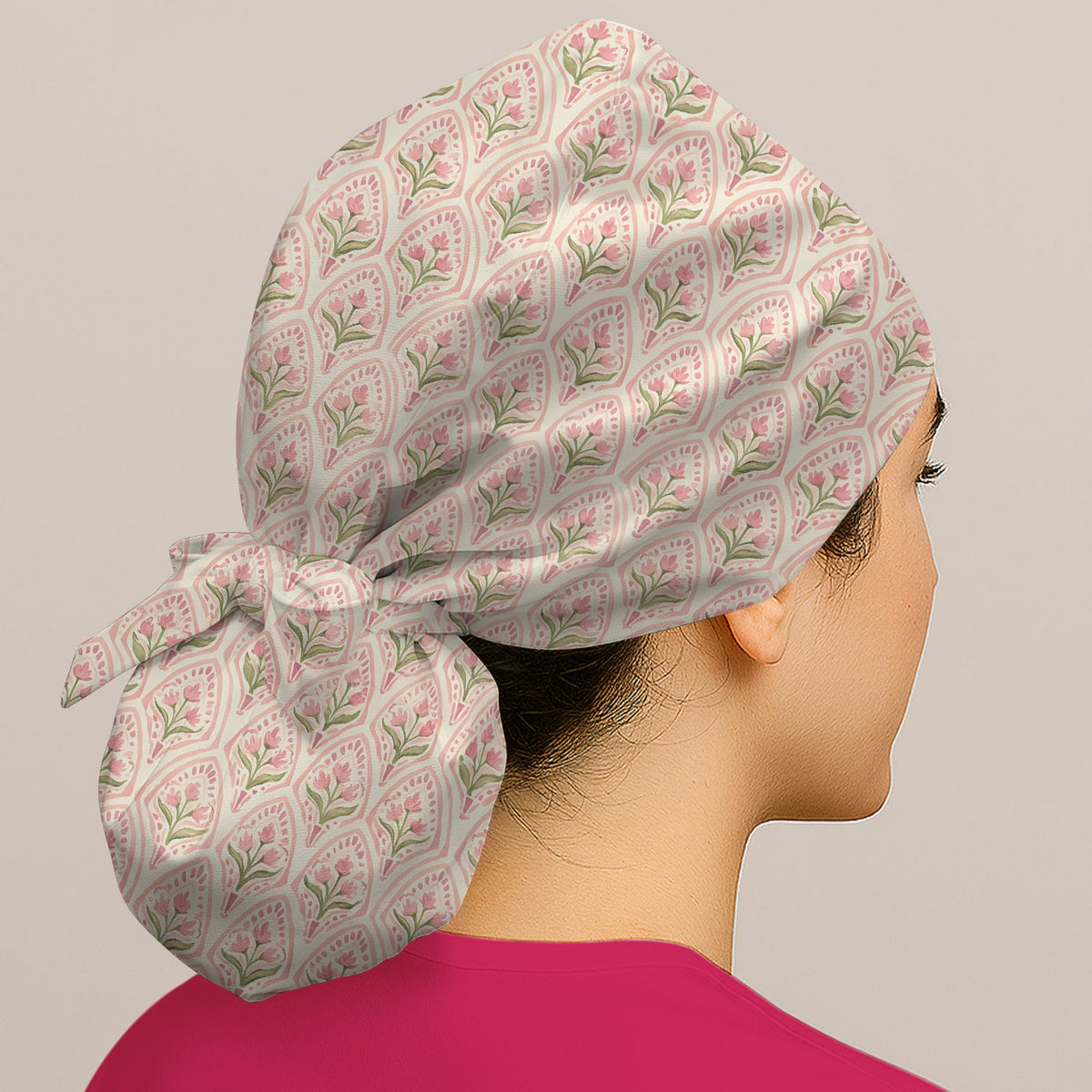 Pink Tulip Floral Arch Scrub Cap