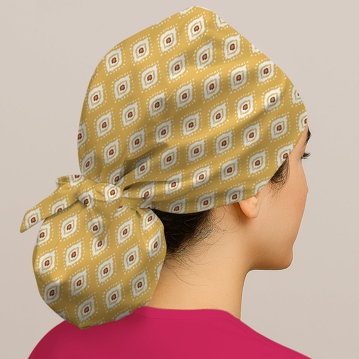 Mustard Geometric Ikat Scrub Cap
