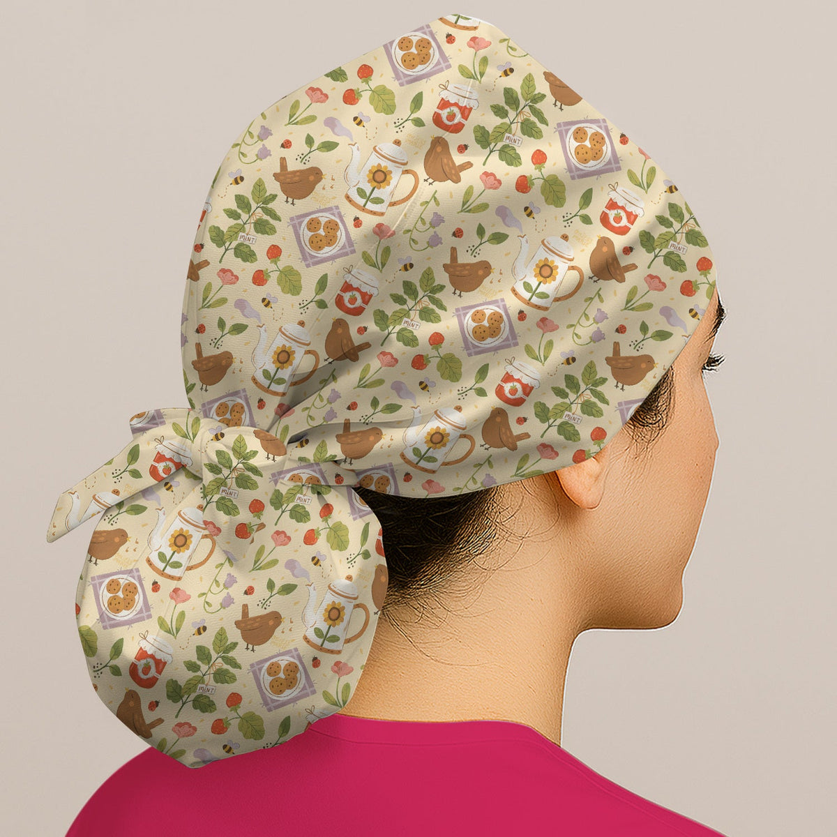 Garden Tea Bird Strawberry Scrub Cap