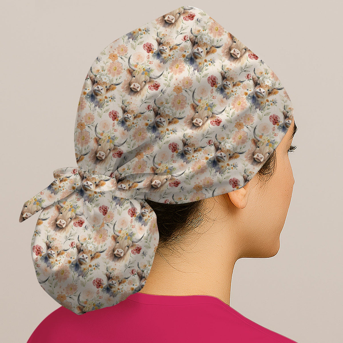 Highland Cow Floral Scrub Cap