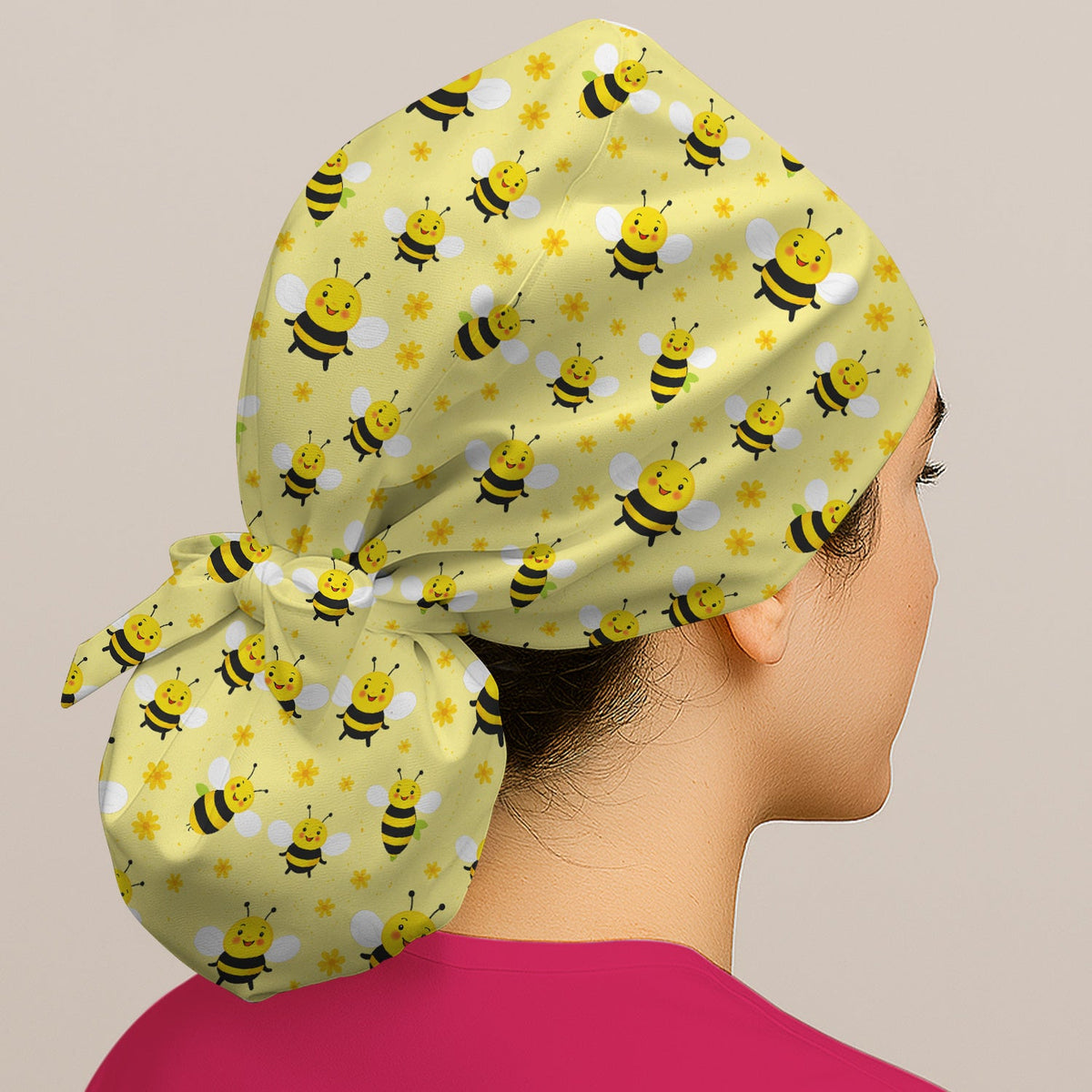 Smiling Bee Yellow Floral Scrub Cap