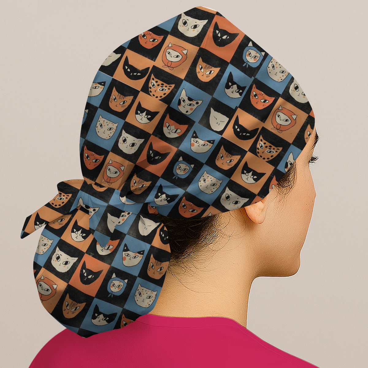 Retro Cat Checkerboard Scrub Cap