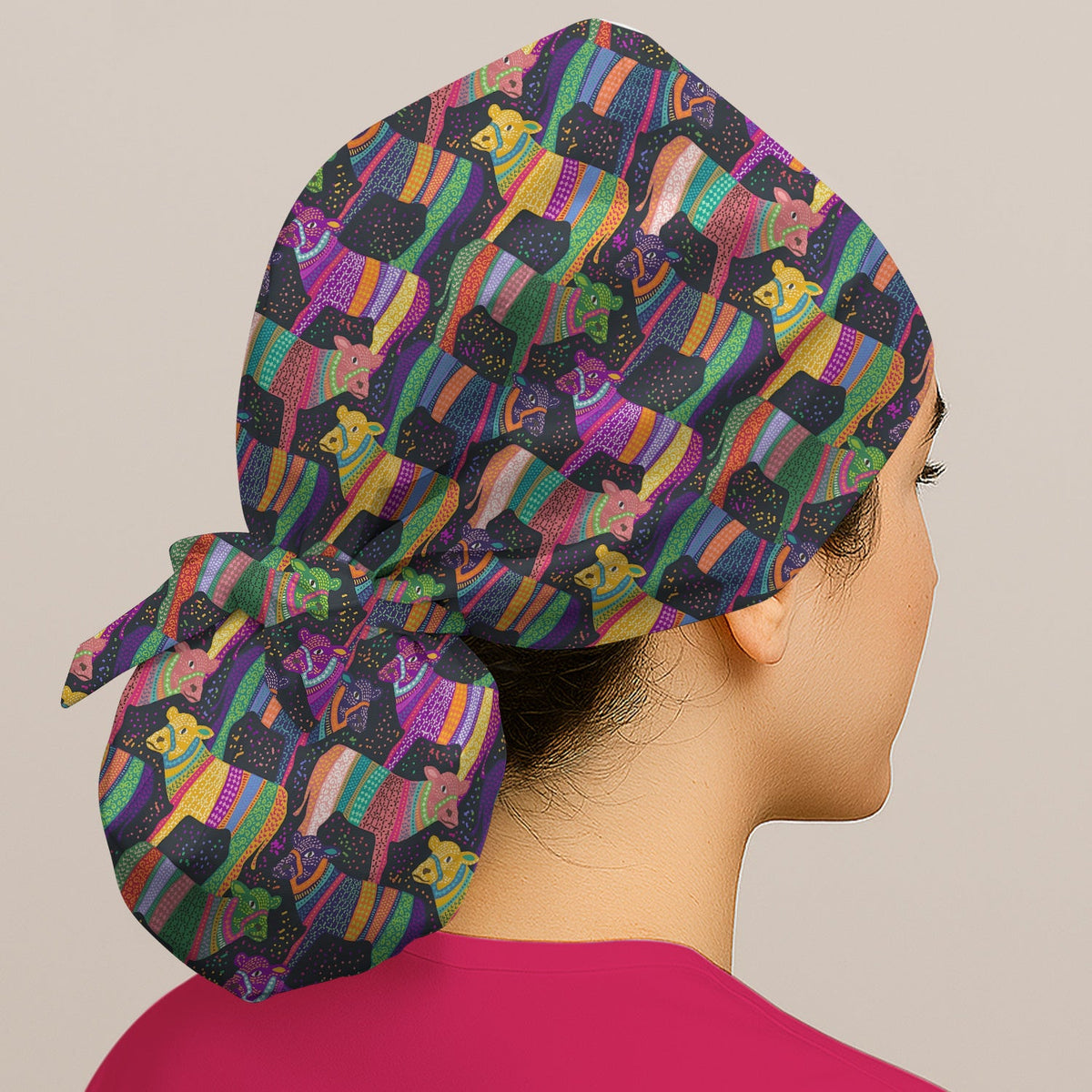 Vibrant Patchwork Rainbow Cow Scrub Cap
