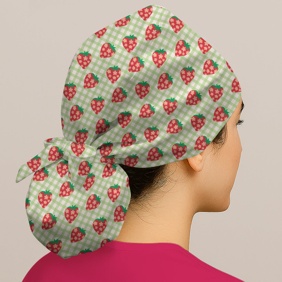 Sweet Strawberry Gingham Scrub Cap