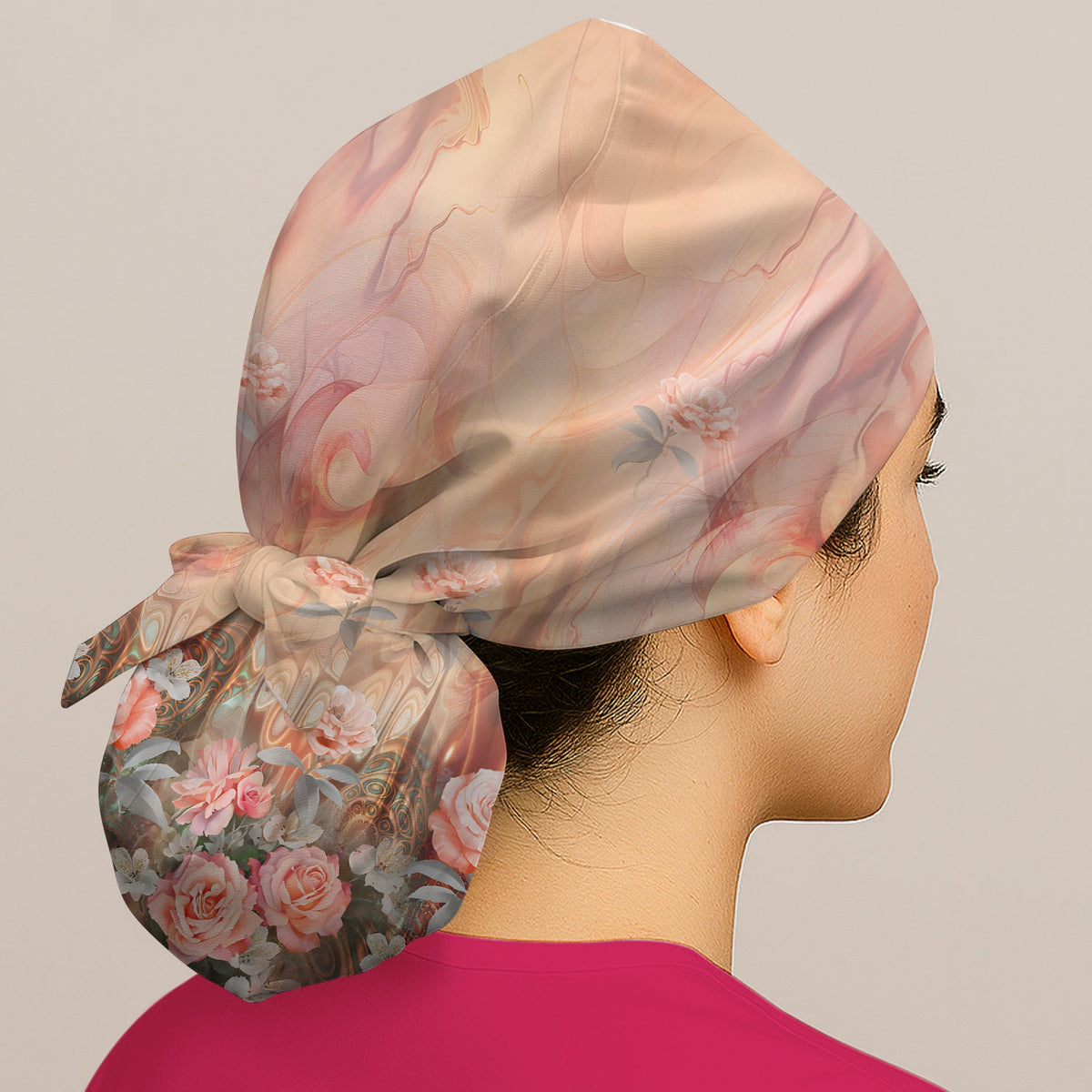 Elegant Peach Marble Rose Scrub Cap