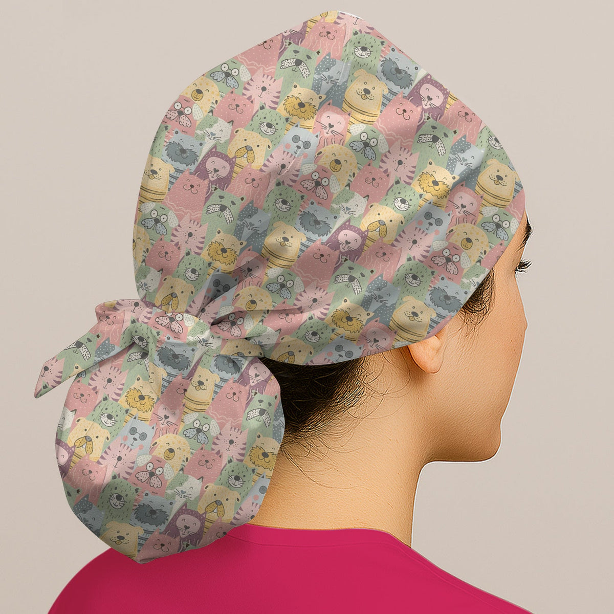 Cartoon Cat And Dog Faces Scrub Cap