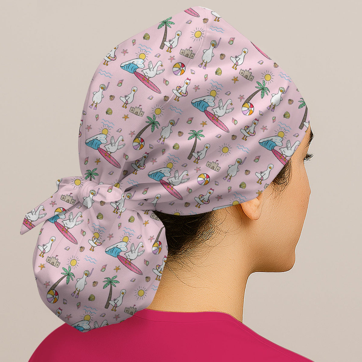 Seagull Surfboard Beach Palm Tree Scrub Cap