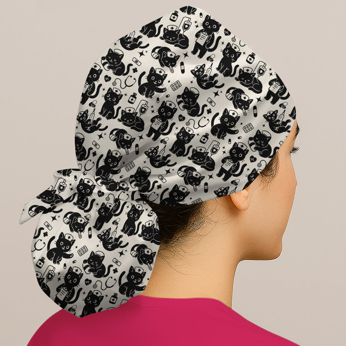 Cute White Black Cat Nurse Scrub Cap