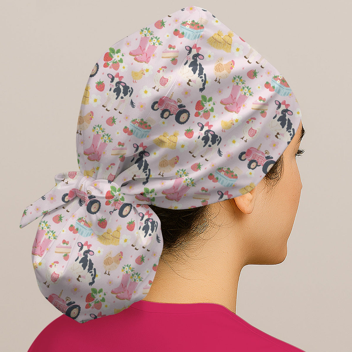 Farm Animals Strawberry Garden Scrub Cap