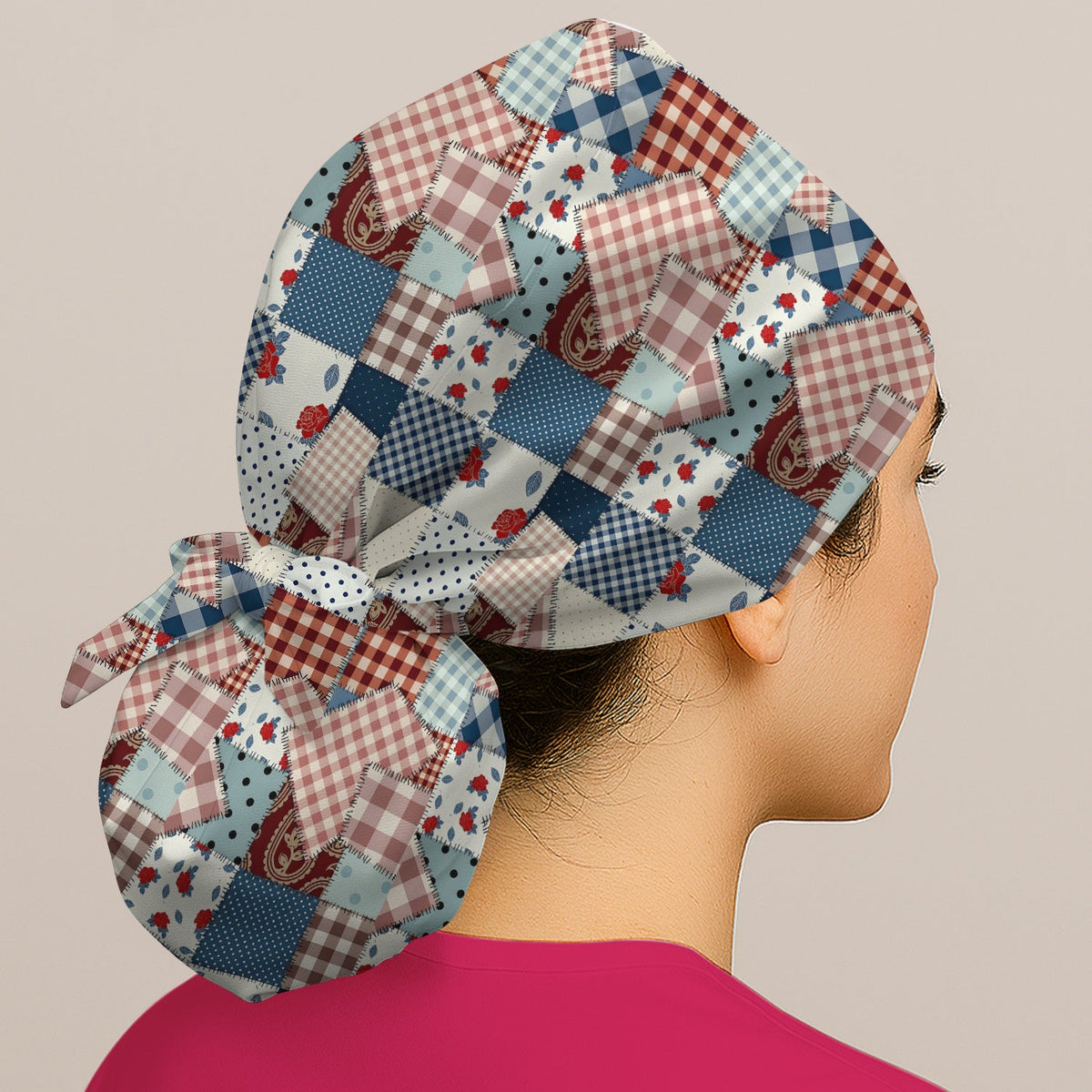 Retro Patchwork Plaid Quilt Scrub Cap