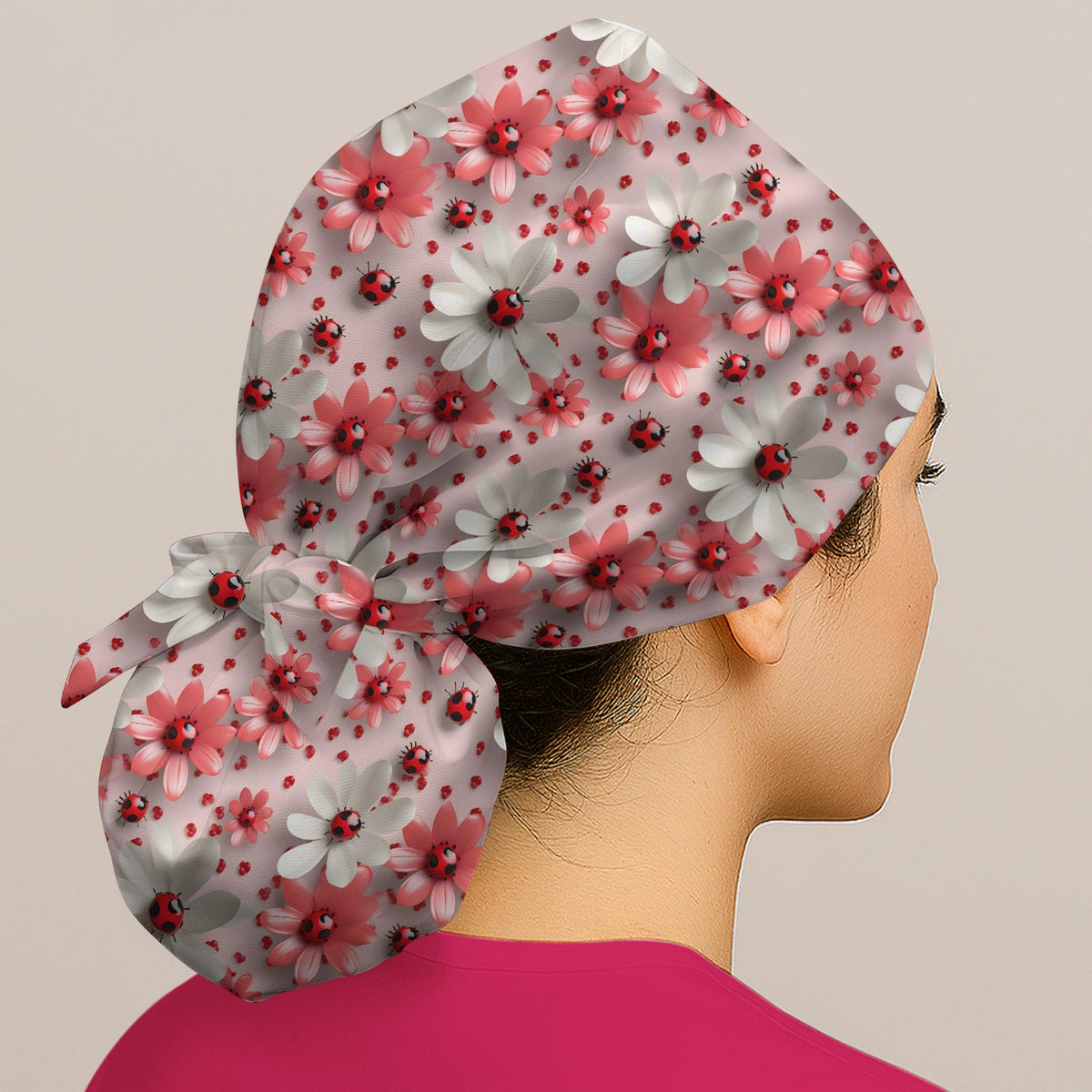 Red Ladybug Flower Scrub Cap