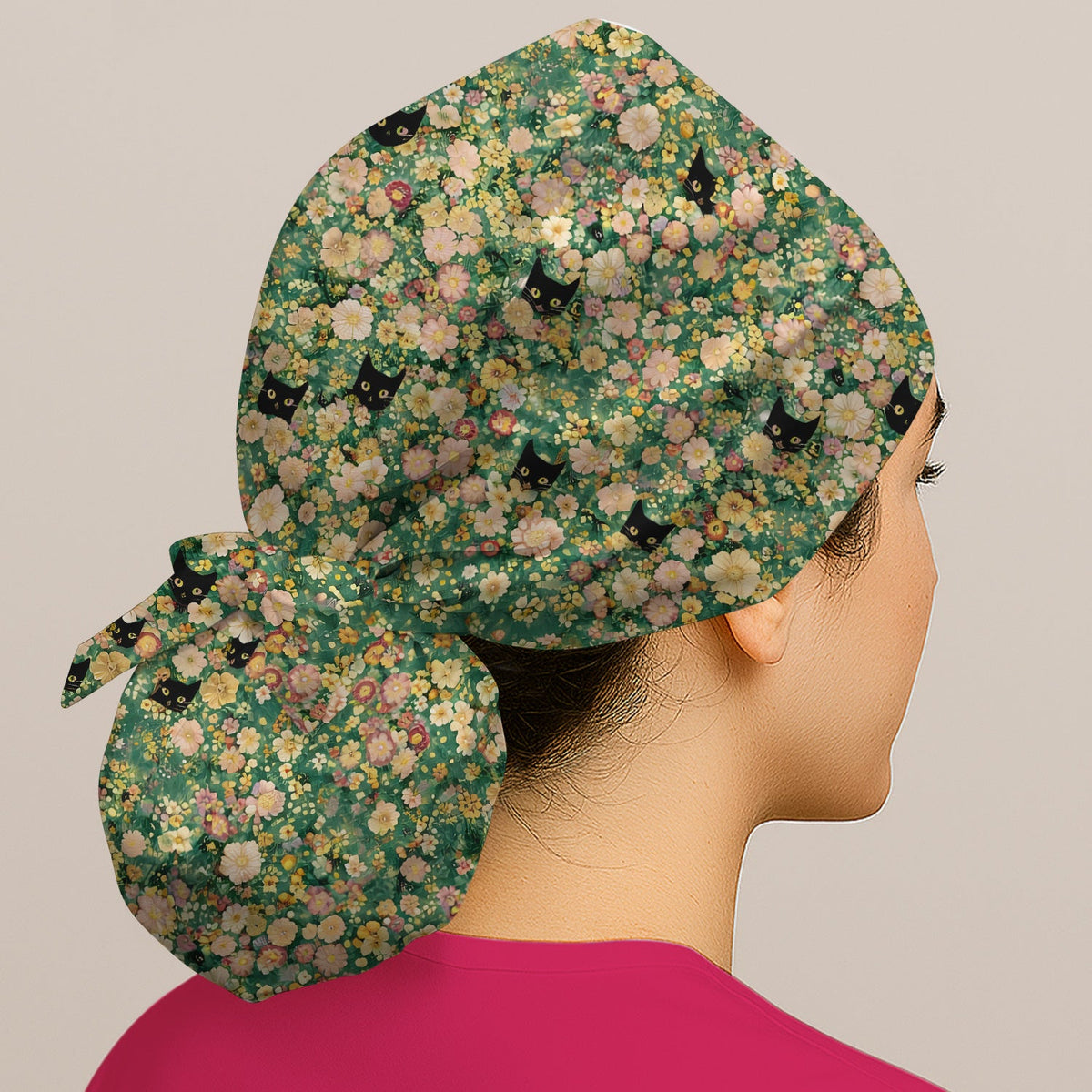 Cute Black Cat Floral Garden Scrub Cap