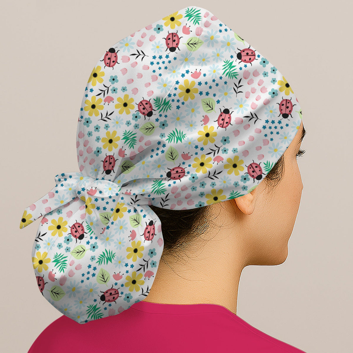 Ladybug Floral Garden Scrub Cap