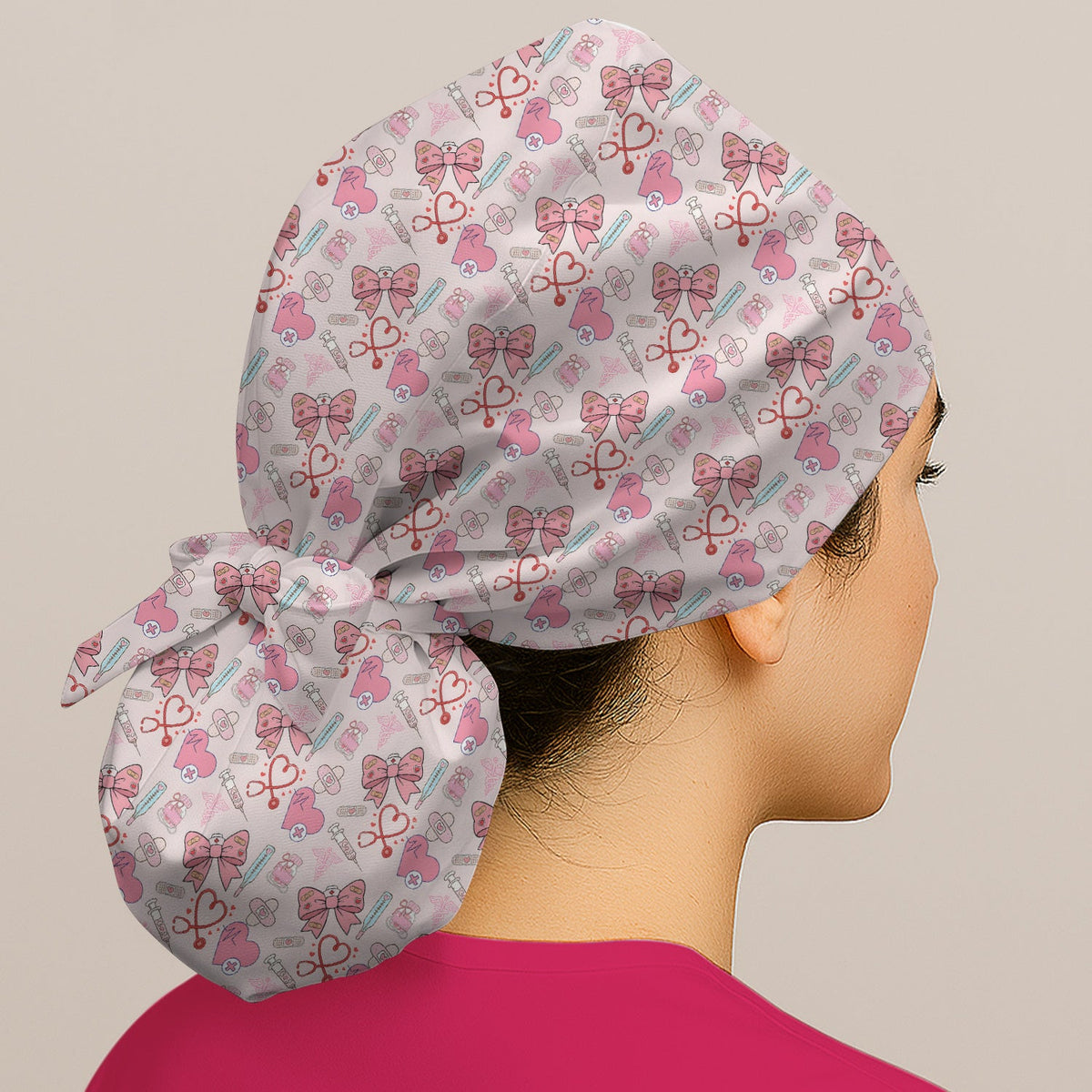 Pink Nurse Bow Heart Scrub Cap