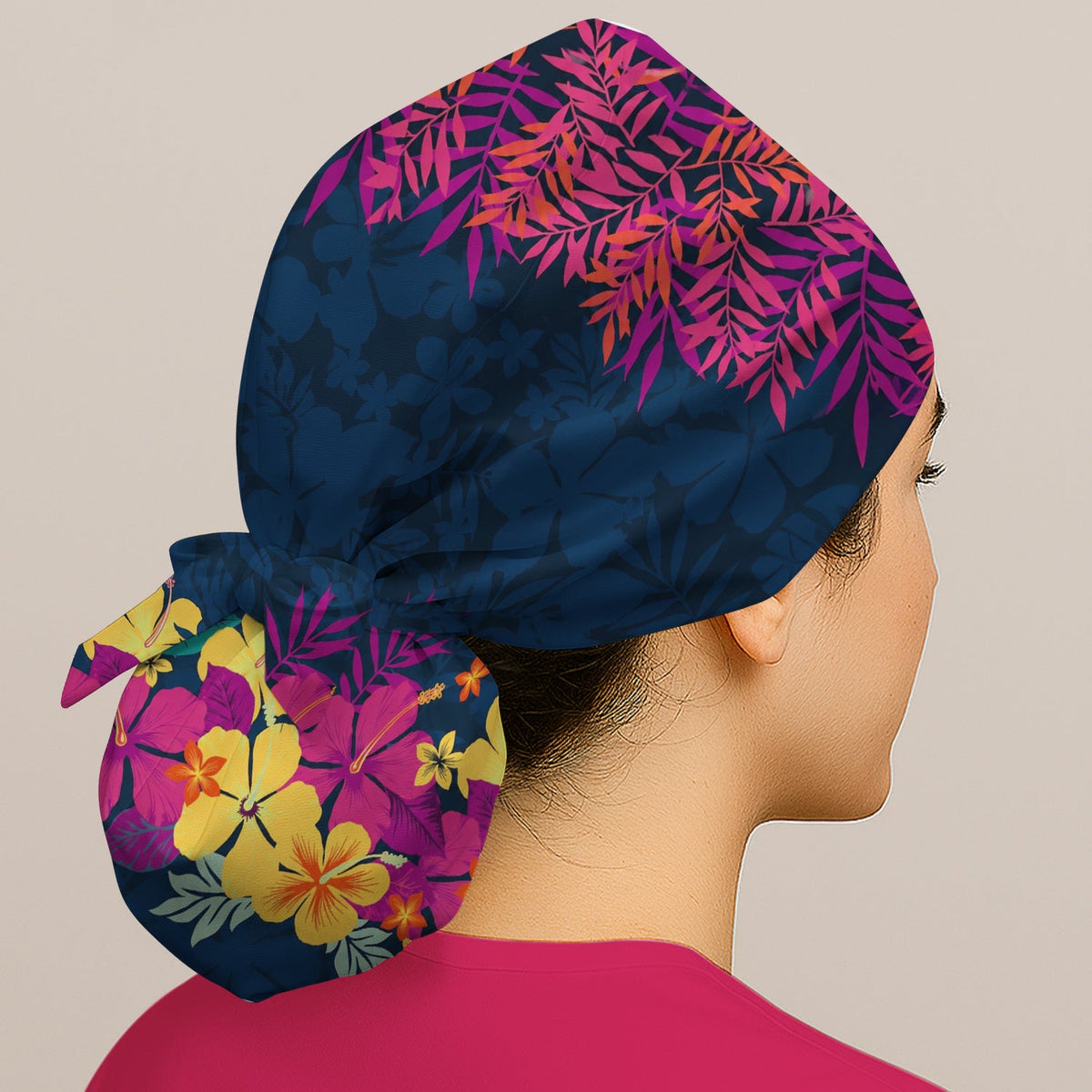 Tropical Hibiscus Palm Leaf Scrub Cap