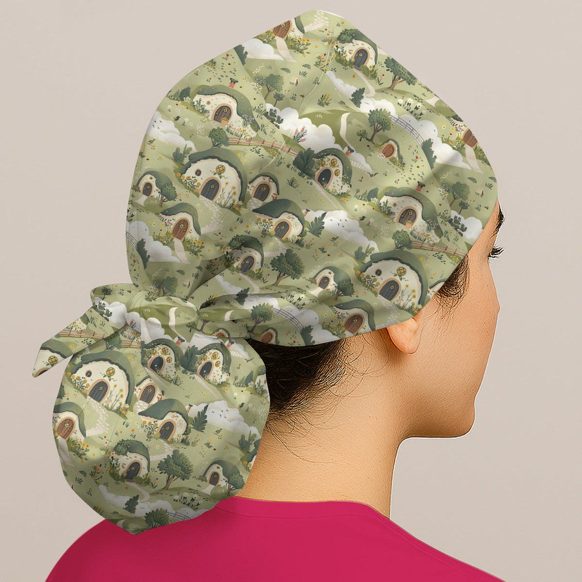 Cozy Hobbit Village Landscape Scrub Cap
