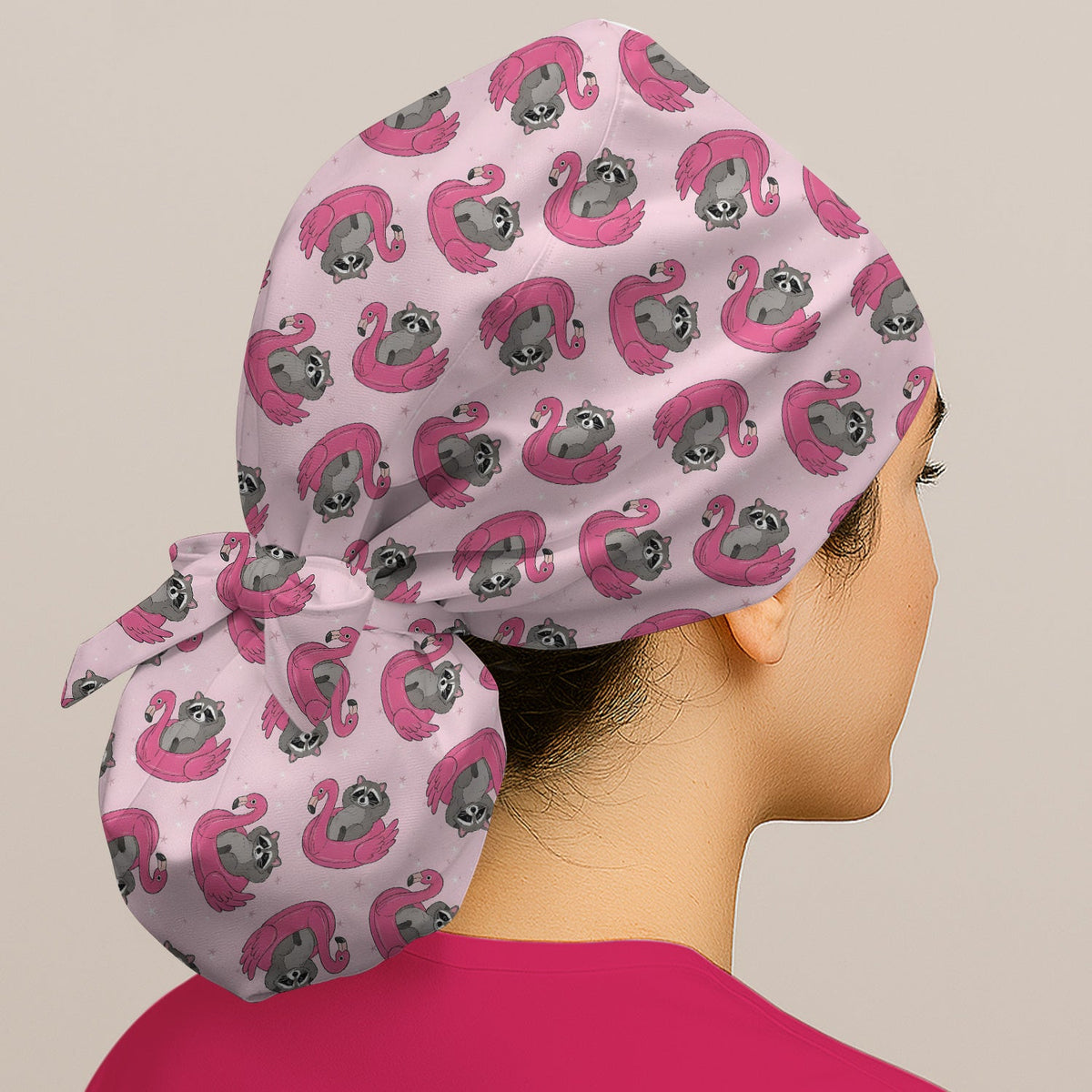 Raccoon Flamingo Float Scrub Cap