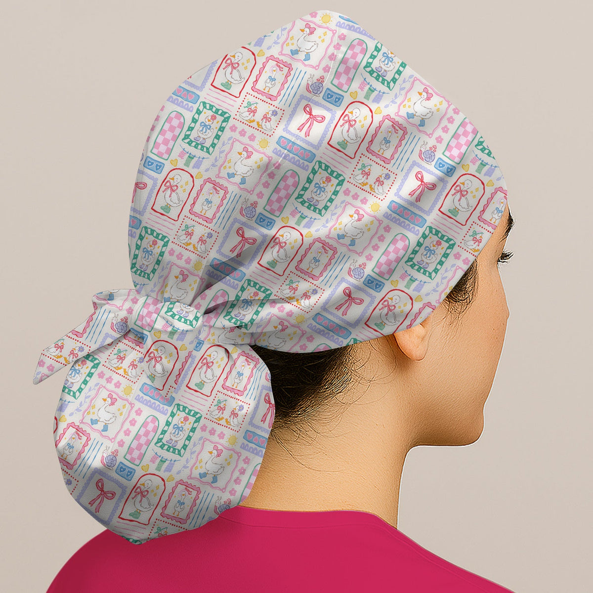 Adorable Goose Ribbon Patchwork Frame Scrub Cap