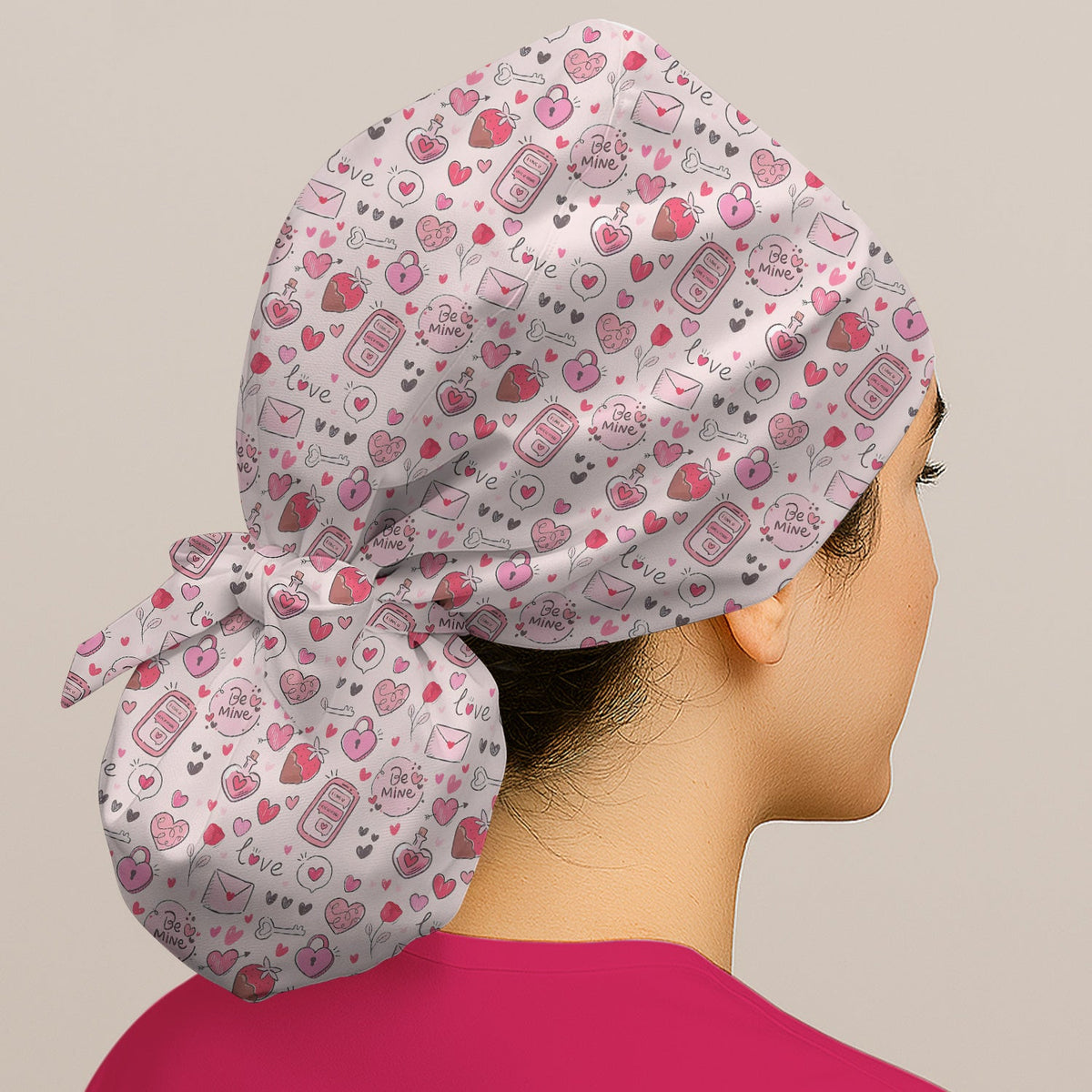 Be Mine Pink Heart Valentine Scrub Cap