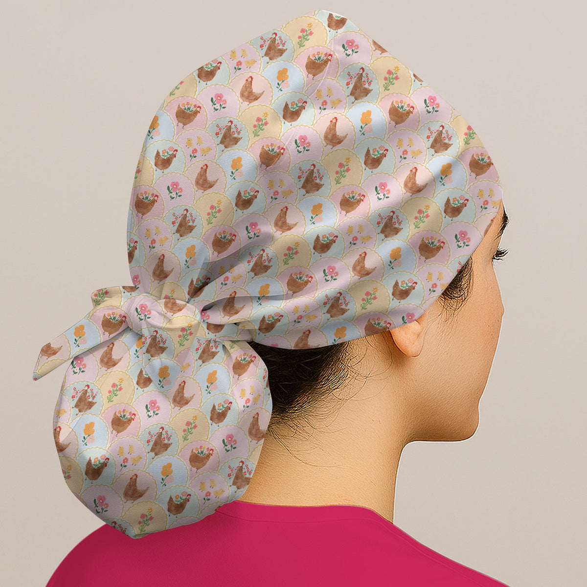 Pastel Chicken Floral Nurse Scrub Cap