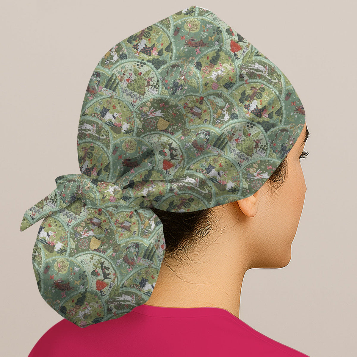 Whimsical Garden Scene Rabbit Scrub Cap