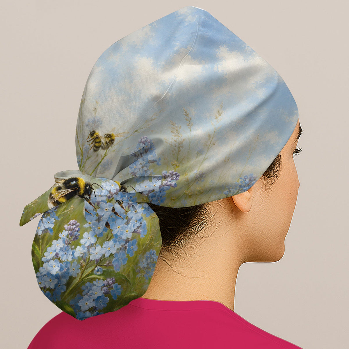 Whimsical Bumblebee Blue Blossom Scrub Cap
