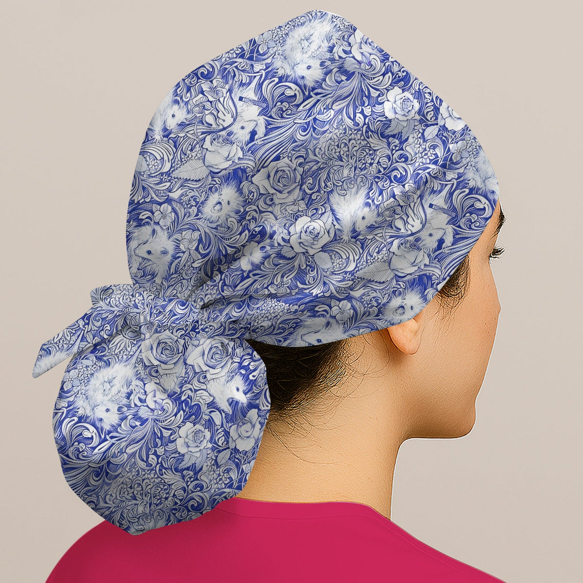 Blue Toile Porcupine Floral Scrub Cap