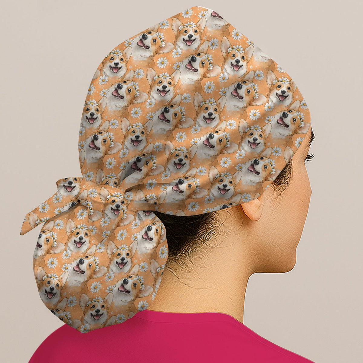 Corgi Daisy Floral Orange Scrub Cap For Nurse