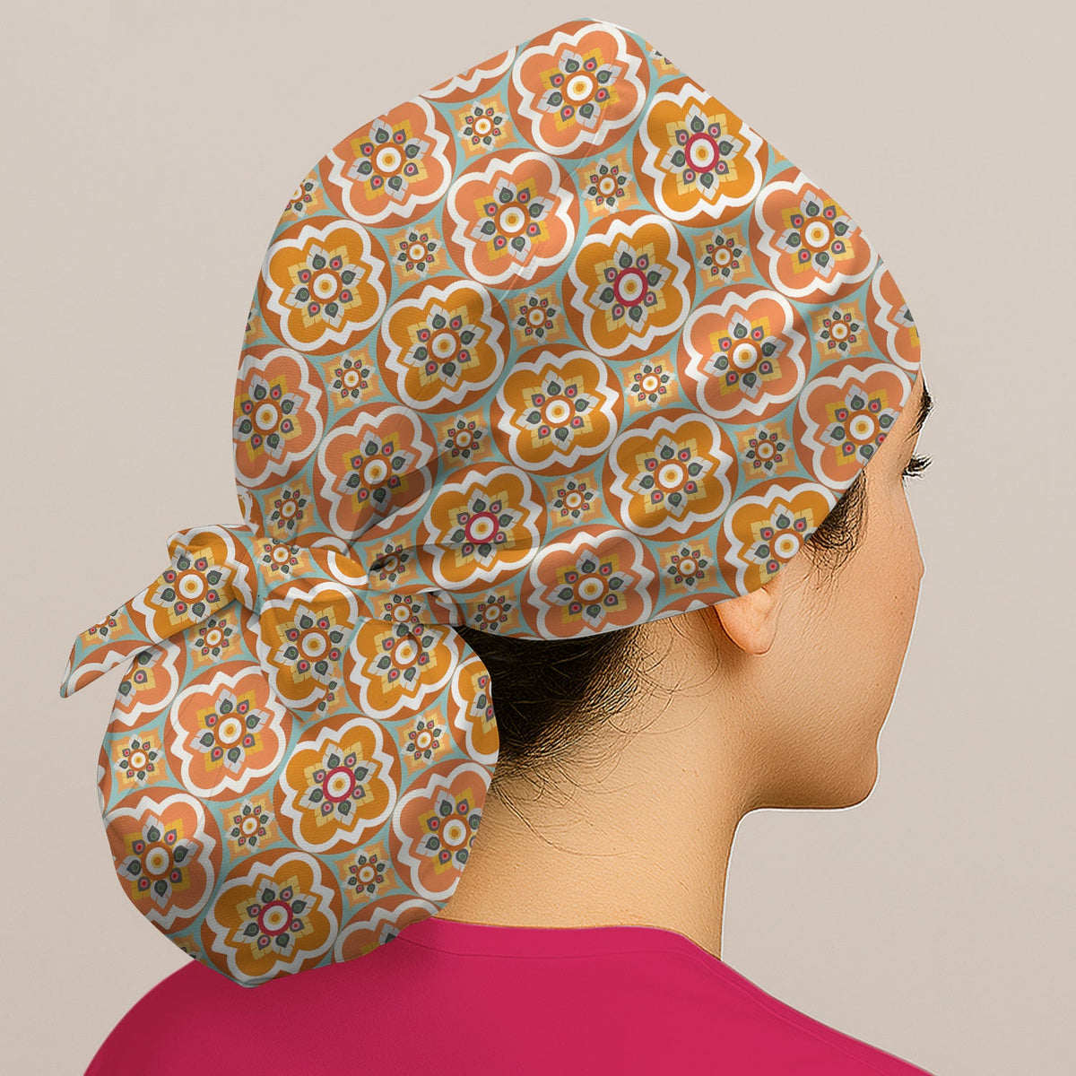 Orange Retro Geometric Floral Nurse Scrub Cap