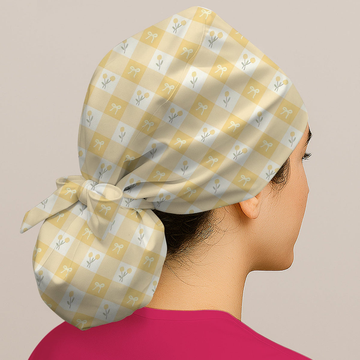 Yellow Gingham Bow Floral Scrub Cap