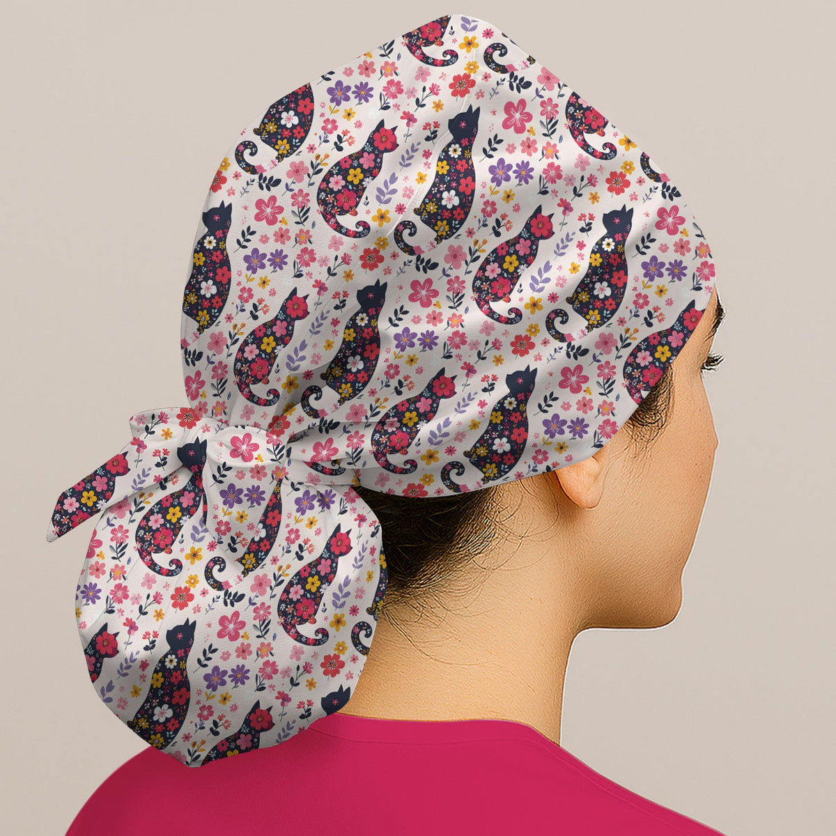 Floral Cat Silhouette Spring Garden Scrub Cap